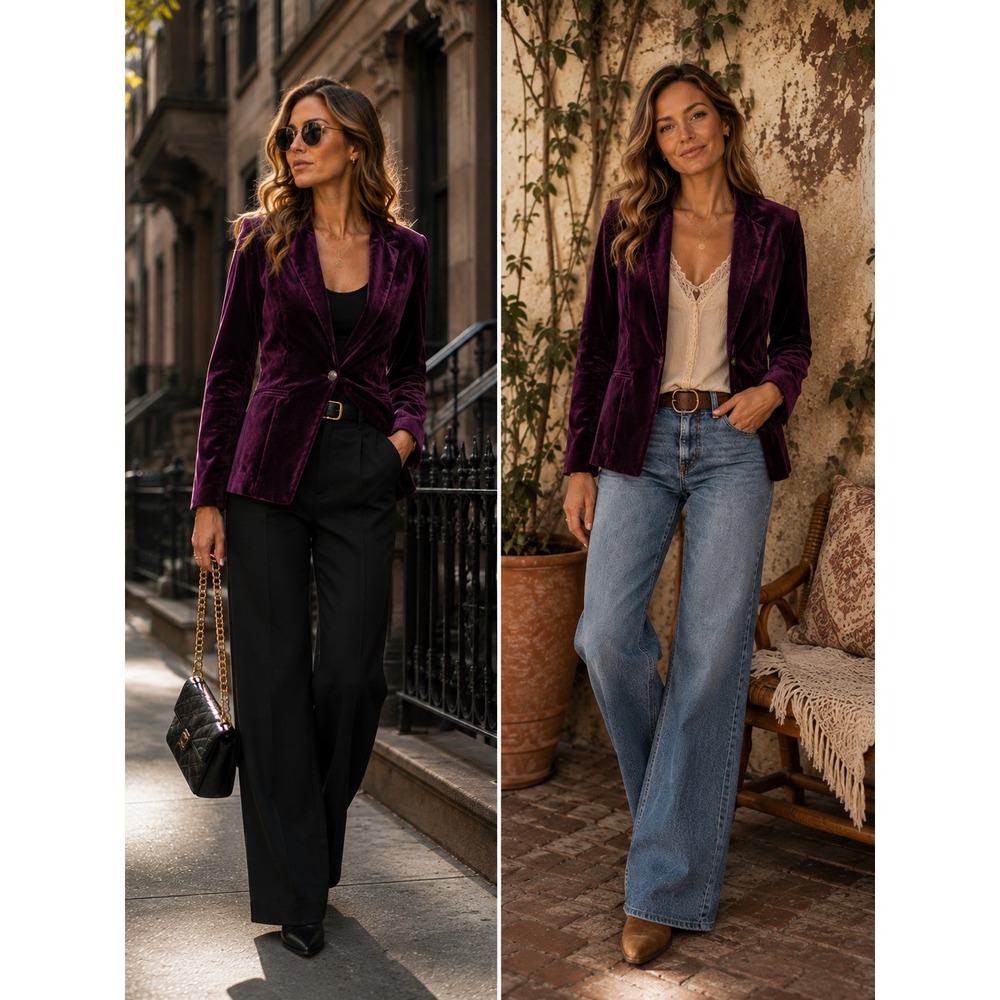 White House Black Market Blazer Deep Purple Velvet Single Button Tailored Sz 4